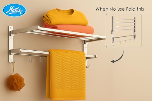 HANDY Stainless Steel 24 inch Bathroom Accessories Folding Towel Rack | Movable Cloth Rack Hanger with Hook for Bathroom - Image 2