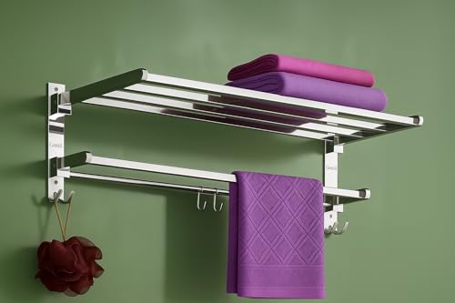HANDY Stainless Steel 24 inch Bathroom Accessories Folding Towel Rack | Movable Cloth Rack Hanger with Hook for Bathroom - Image 1