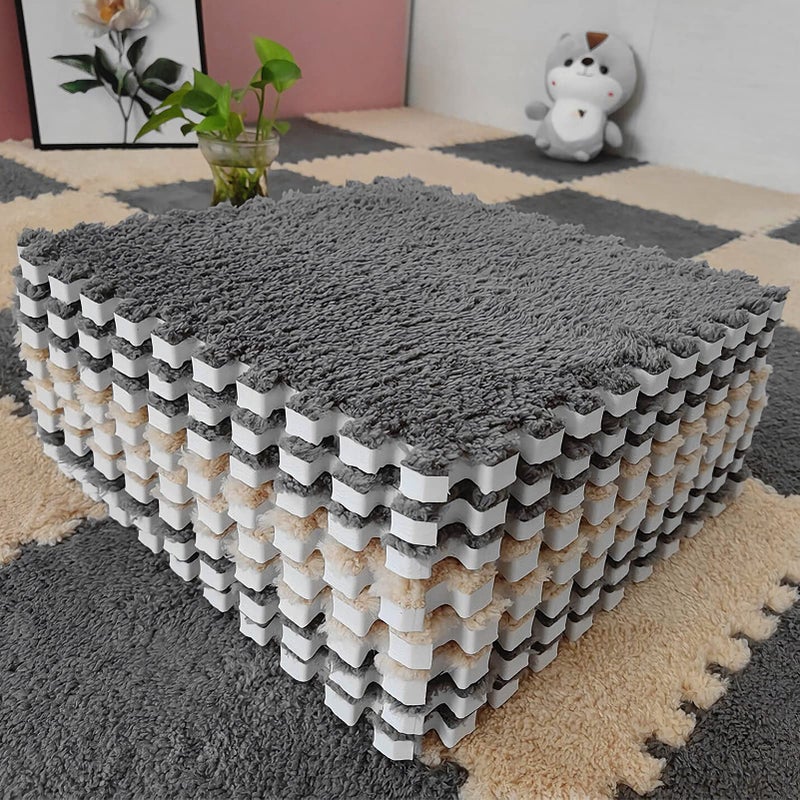 12 pcs Thickened Plush Interlocking Floor Mat 06 Thick Fluffy Square Tiles with 12 Edgings Soft AntiSlip Puzzle Area Rug Playmat for Room 118 Gray  Light Brown