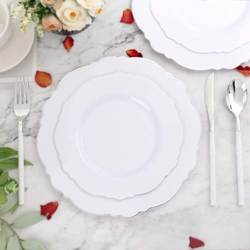 WDF 100 قطعة أطباق بلاستيكية فضية - تصميم باروكي فاخر - أطباق بيضاء وفضية قوية لحفلات راقية وحفلات زفاف - Image 2