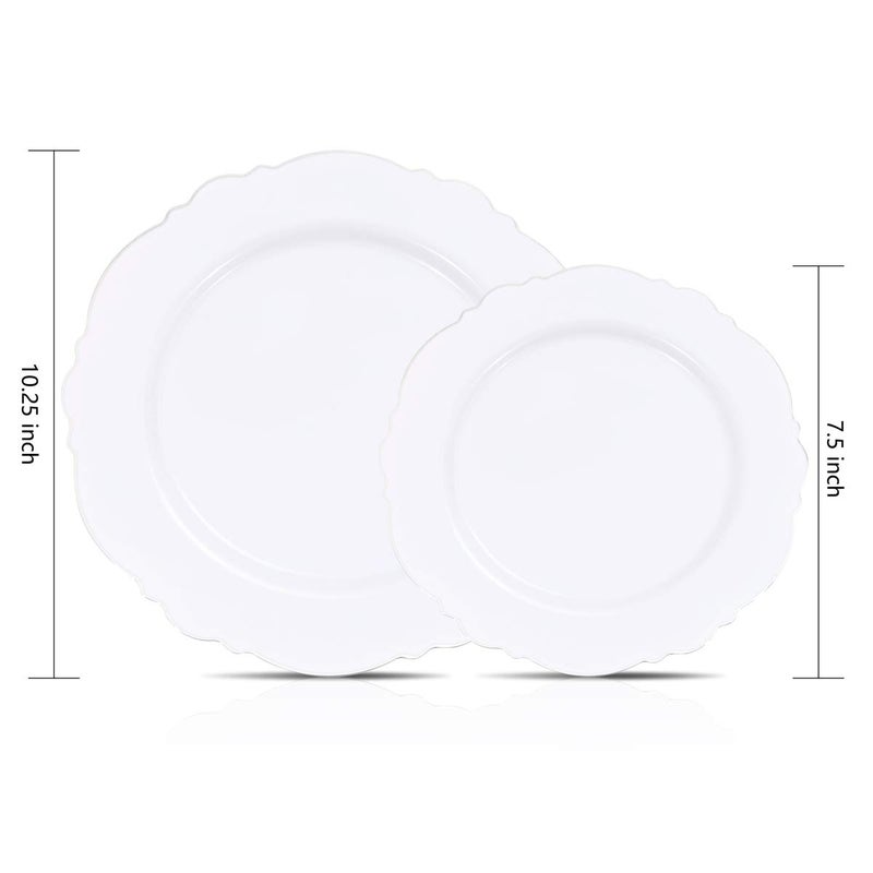 WDF 100 قطعة أطباق بلاستيكية فضية - تصميم باروكي فاخر - أطباق بيضاء وفضية قوية لحفلات راقية وحفلات زفاف - Image 3