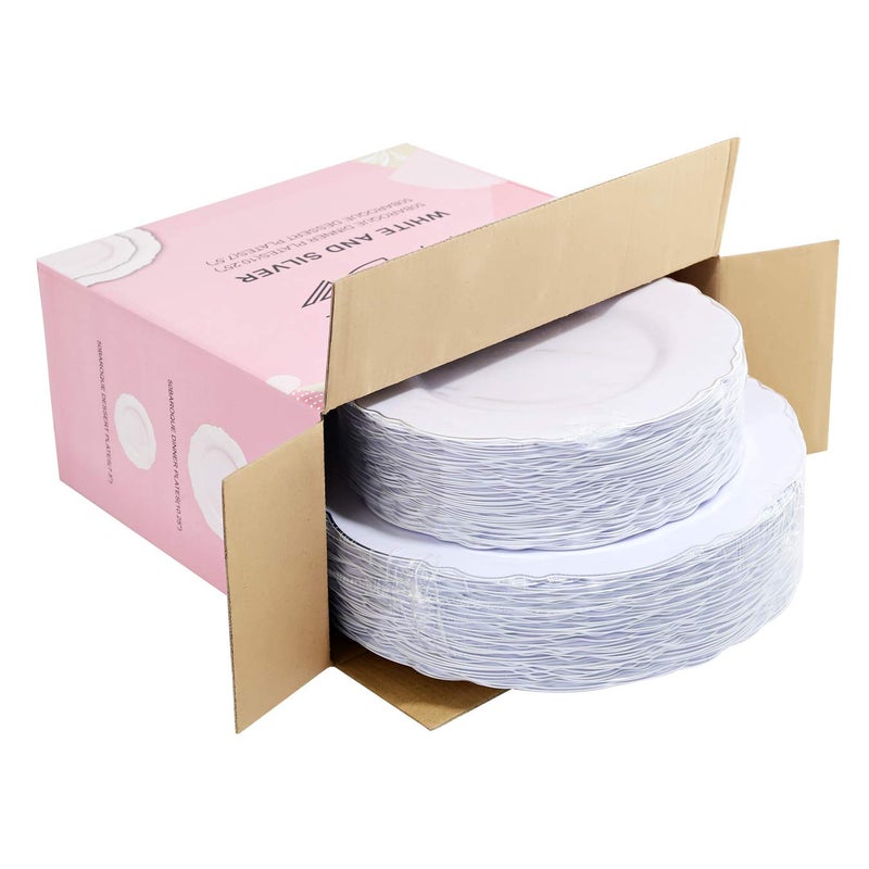 WDF 100 قطعة أطباق بلاستيكية فضية - تصميم باروكي فاخر - أطباق بيضاء وفضية قوية لحفلات راقية وحفلات زفاف - Image 5