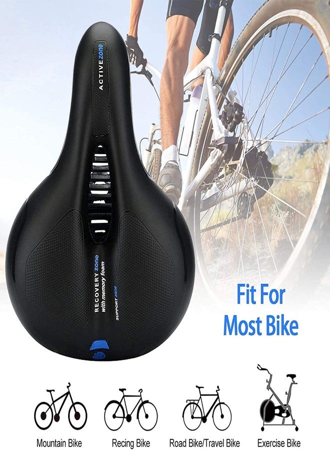 Linist Bicycle Seat, Replacement Wide Saddle Bicycle with Waterproof Memory Foam Padded Leather, Reflective Strip Seat Cushion and Dual Shock Absorbing Rubber Balls, Bicycle Saddle (Black-Blue) - Image 2