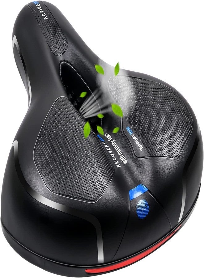 Linist Bicycle Seat, Replacement Wide Saddle Bicycle with Waterproof Memory Foam Padded Leather, Reflective Strip Seat Cushion and Dual Shock Absorbing Rubber Balls, Bicycle Saddle (Black-Blue) - Image 1