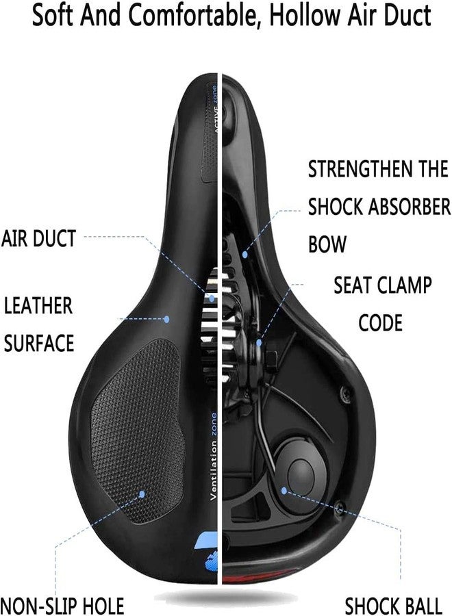 Linist Bicycle Seat, Replacement Wide Saddle Bicycle with Waterproof Memory Foam Padded Leather, Reflective Strip Seat Cushion and Dual Shock Absorbing Rubber Balls, Bicycle Saddle (Black-Blue) - Image 3