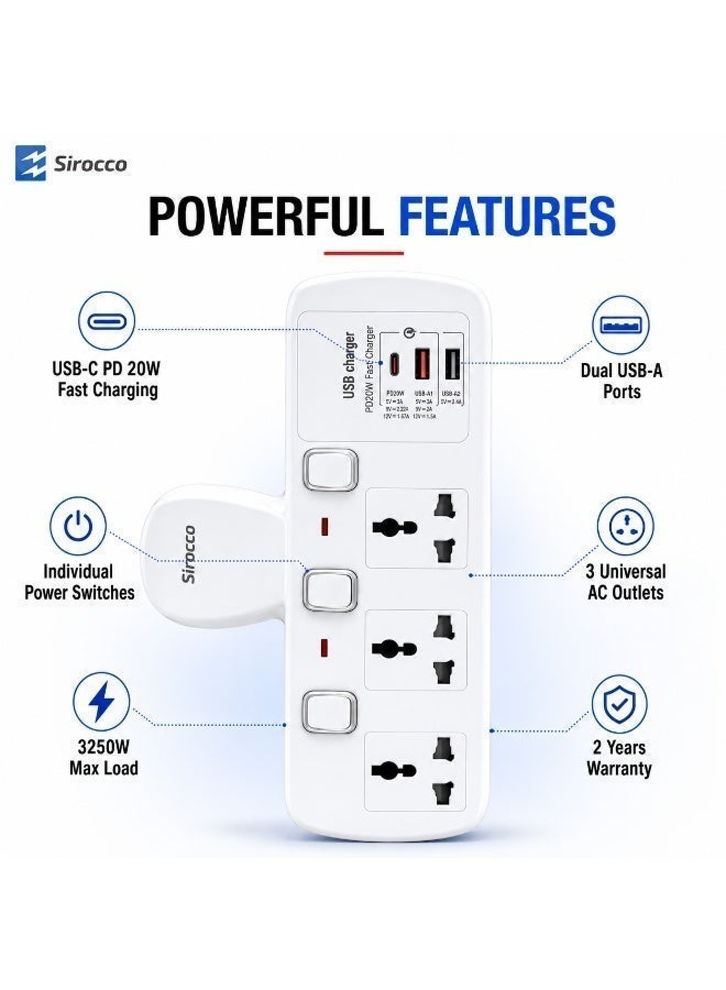 سيروكو محول مقبس حائط 3 مخارج مع USB-C و USB-A، شحن سريع PD 20W، W1433 - Image 3