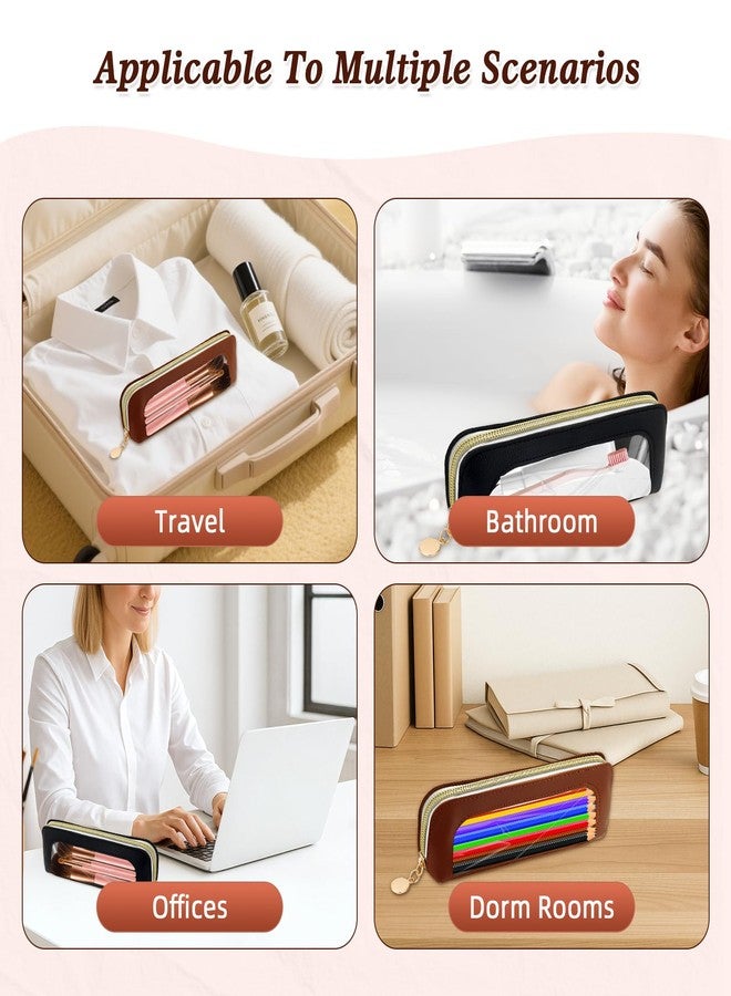 ZLSPTK Clear Makeup Brush Bag Makeup Bag PU Leather Small Cosmetic Bags Toiletry Bags for Women Portable Brush Holder Slim Cosmetic Pouch with Zipper Waterproof Pencil Case, Ab Black Brown - Image 4