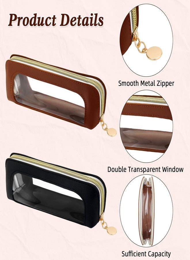 ZLSPTK Clear Makeup Brush Bag Makeup Bag PU Leather Small Cosmetic Bags Toiletry Bags for Women Portable Brush Holder Slim Cosmetic Pouch with Zipper Waterproof Pencil Case, Ab Black Brown - Image 3