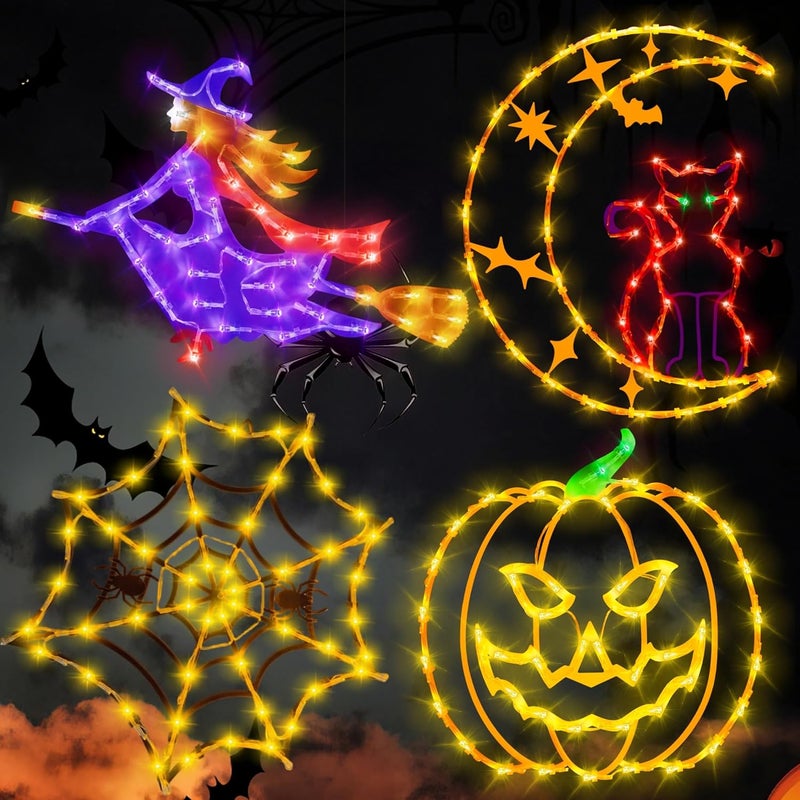 TRWYMZ Halloween Decorations - 16" Halloween Window Silhouette Lights - 4 Pack Colour Lighted Cat on Moon & Witch & Pumpkin & Spider Web for Holiday Indoor and Outdoor Wall Door Window Decorate - Image 1