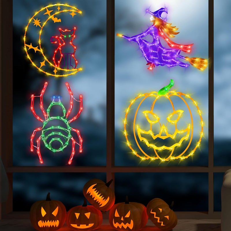 TRWYMZ Halloween Decorations - 16" Halloween Window Silhouette Lights - 4 Pack Colour Lighted Cat on Moon & Witch & Pumpkin & Spider Web for Holiday Indoor and Outdoor Wall Door Window Decorate - Image 3