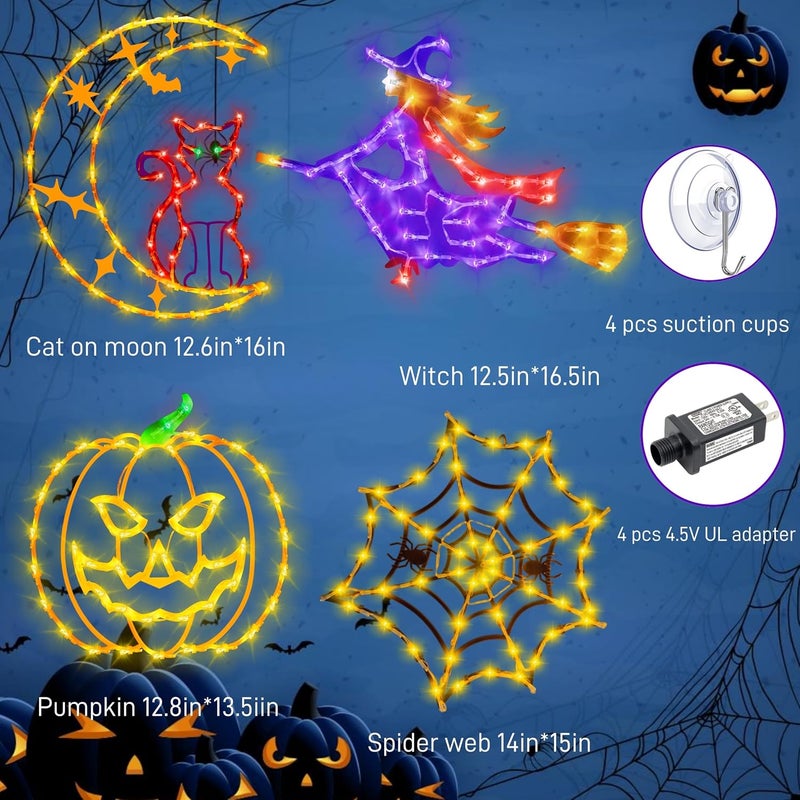 TRWYMZ Halloween Decorations - 16" Halloween Window Silhouette Lights - 4 Pack Colour Lighted Cat on Moon & Witch & Pumpkin & Spider Web for Holiday Indoor and Outdoor Wall Door Window Decorate - Image 2