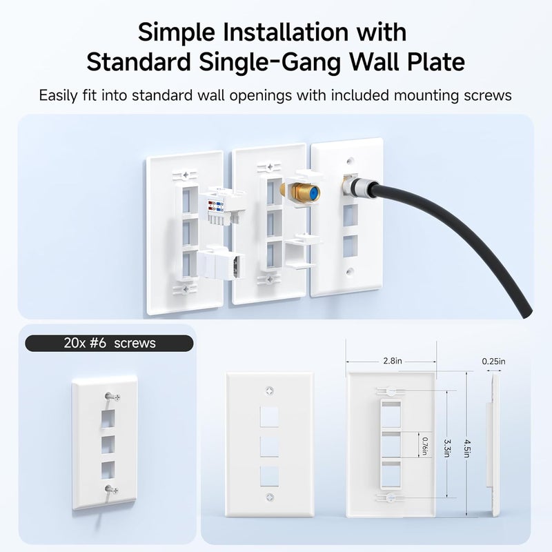 CableMatters [UL Listed] 10-Pack Low Profile 3-Port Keystone Jack Wall Plate, RJ45 Wall Plate for Keystone Jacks in White - Image 4