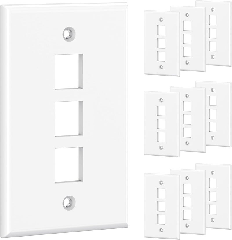 CableMatters [UL Listed] 10-Pack Low Profile 3-Port Keystone Jack Wall Plate, RJ45 Wall Plate for Keystone Jacks in White - Image 1