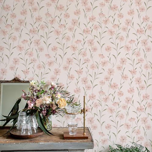 JiffDiff Floral Wallpaper Peel and Stick Pink Daisy Wall Paper Summer Flowers Nursey Room Self Adhesive Contact Paper Stick on Wall Decor for Bedroom Cabinets Bathroom(118" X 17.3", Pink Floral) - Image 1