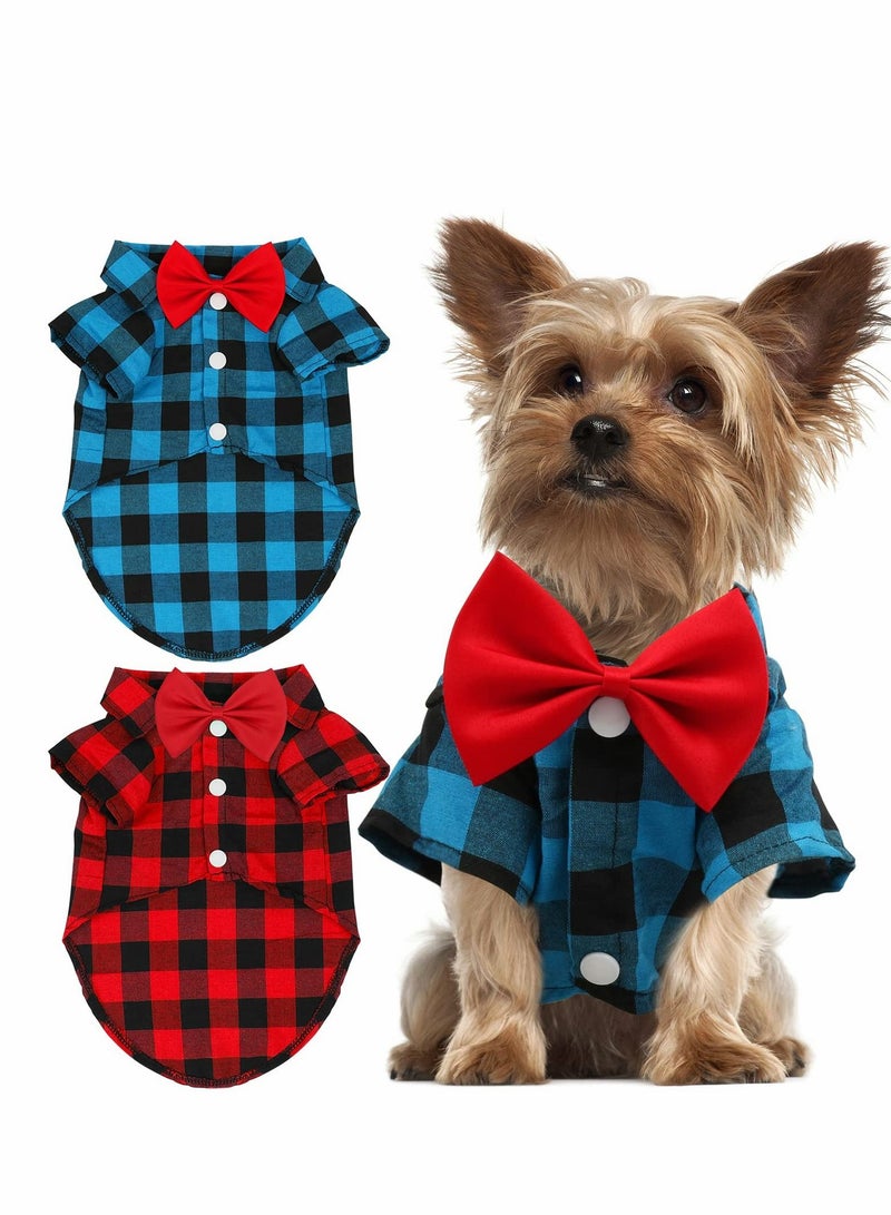 2 Pack Plaid Puppy Shirt, Cute Boy Dog Clothes and Bow Tie Combo Dog Outfit for Small Dogs Cats Birthday Party and Holiday Photos Large - Image 1