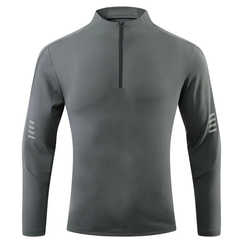 Mens T-shirt American Quick-drying Long-sleeved Fitness Running Training Stretch Autumn Fashion Sports Half-open Zipper Top gray print - Image 1