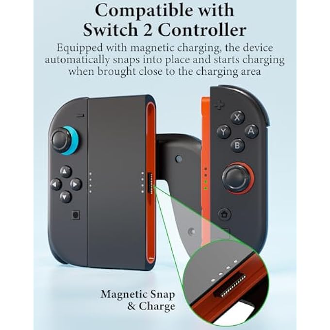rayihni قبضة شاحن متوافقة مع وحدة تحكم نينتندو سويتش 2 فقط، مقبض شاحن مغناطيسي مناسب لجويكون من سويتش 2 (2025)، مع كابل شحن USB-C، أثناء اللعب شحن - أسود - Image 3