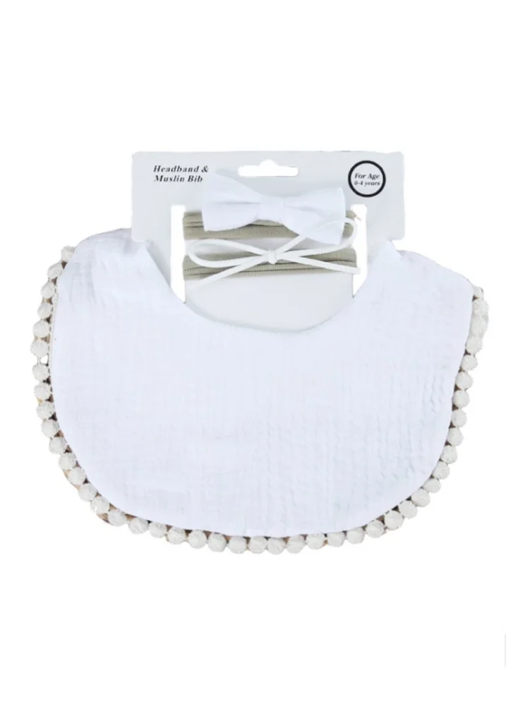 Bambimici -Sophia Set Of Baby Bib And Ribbon Headband White
