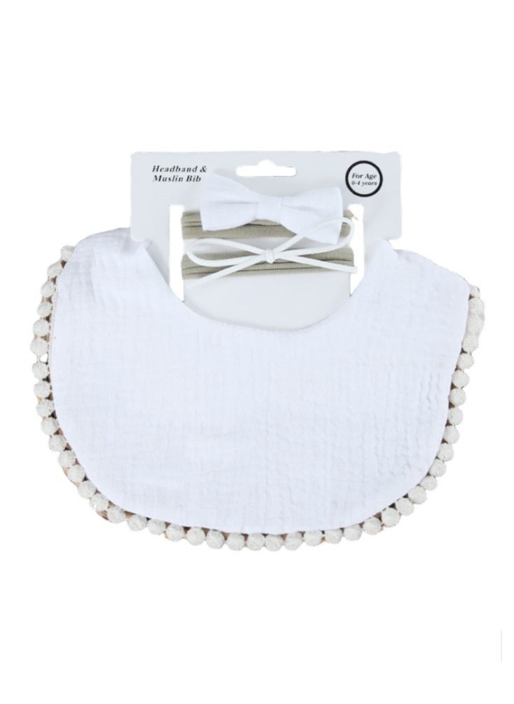Bambimici - Bambimici -Sophia  Set of Baby Bib and Ribbon Headband - White - Image 1