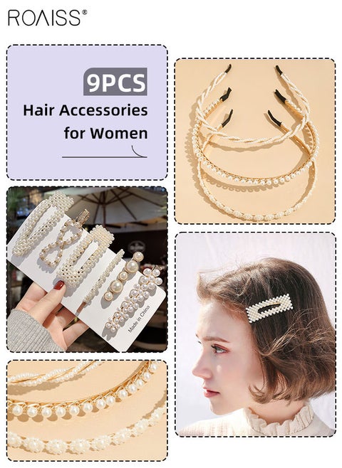 9Pcs Hair Accessories for Women, Three Pearl Embellished Headbands and Six Pearl Hair Clips with Different Styles, Pearl Series Hair Accessories Set
