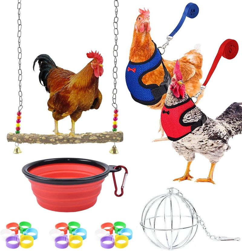 Allazone Wooden Chicken Swing Toys Set, 25 PCS Natural Wooden Stand Perch Toy, Adjustable Chicken Harness with Leash, Chicken Feet Ring, Feeding Bowl for Chicken, Medium Large Bird, Parrot Training - Image 1