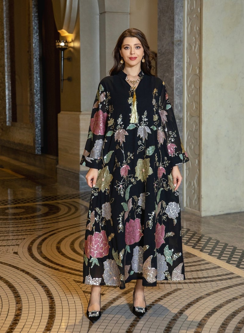 Muslim Fashion Floral Embroidery Sequins Casual Abaya Long Sleeve Notched V-Neck Tassel Dress Moroccan Dubai Women Robe  - Image 1