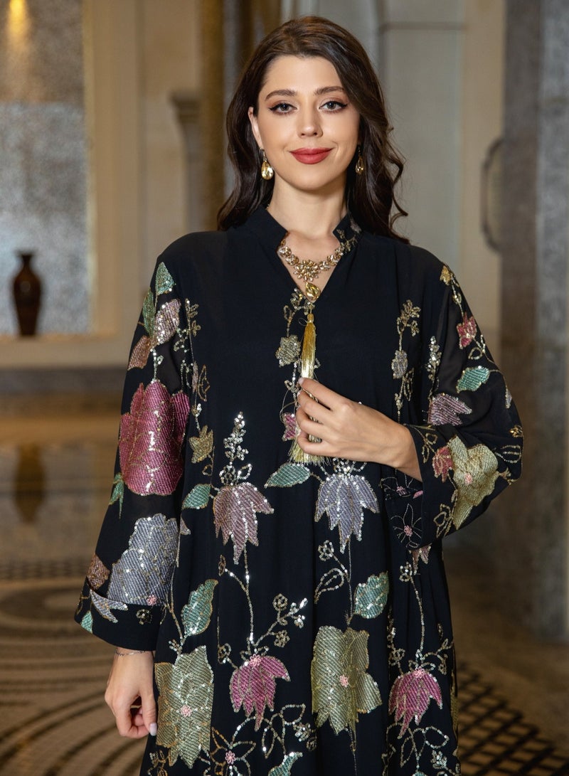 Muslim Fashion Floral Embroidery Sequins Casual Abaya Long Sleeve Notched V-Neck Tassel Dress Moroccan Dubai Women Robe  - Image 4