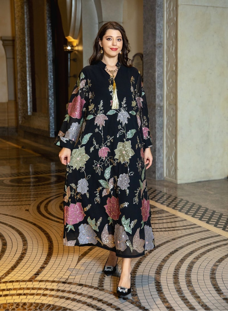 Muslim Fashion Floral Embroidery Sequins Casual Abaya Long Sleeve Notched V-Neck Tassel Dress Moroccan Dubai Women Robe  - Image 3
