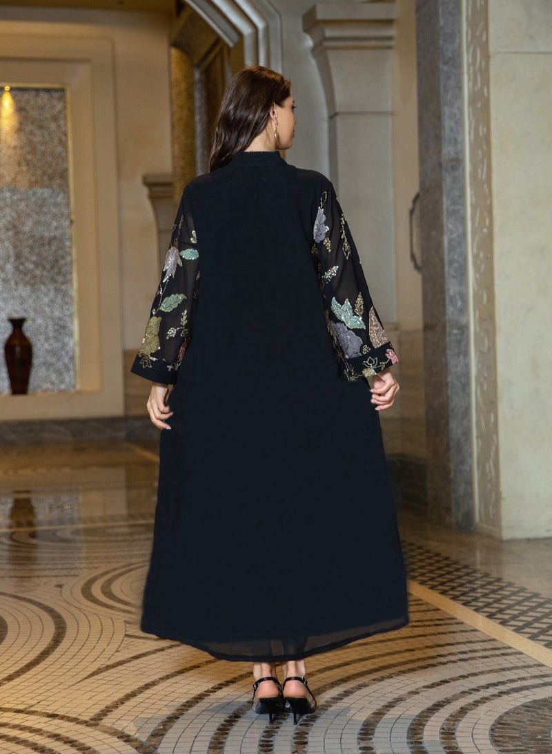 Muslim Fashion Floral Embroidery Sequins Casual Abaya Long Sleeve Notched V-Neck Tassel Dress Moroccan Dubai Women Robe  - Image 2