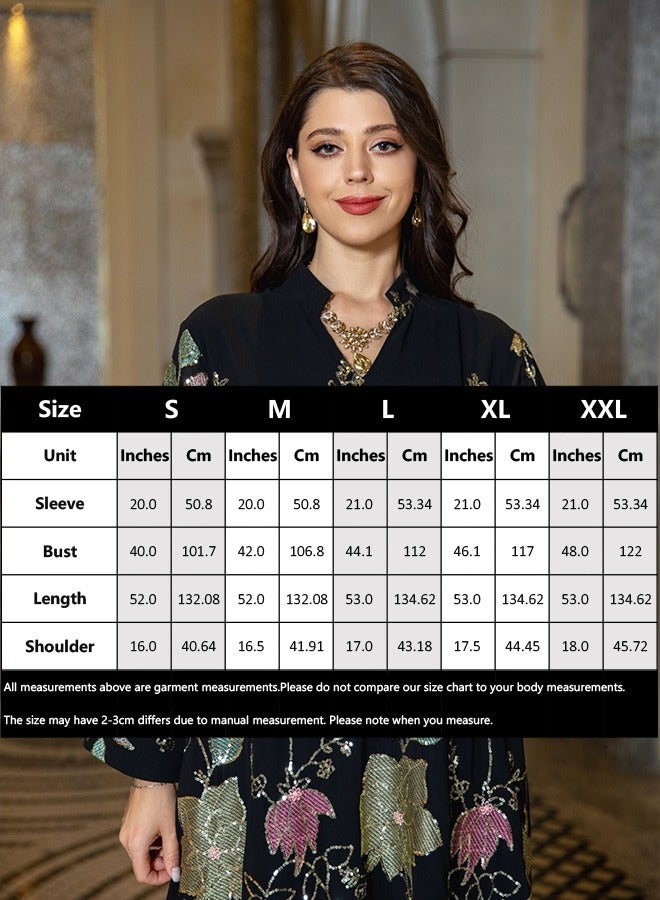 Muslim Fashion Floral Embroidery Sequins Casual Abaya Long Sleeve Notched V-Neck Tassel Dress Moroccan Dubai Women Robe  - Image 5