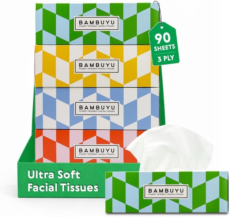 بامبيو Bambuyu 100% خيزران علبة مناديل الوجه - 4 علب × 90 منديل، 3 طبقات | مناديل صديقة للبيئة فاخرة | ناعمة، مستدامة، أنيقة | خالية من البلاستيك، غير سامة - Image 1