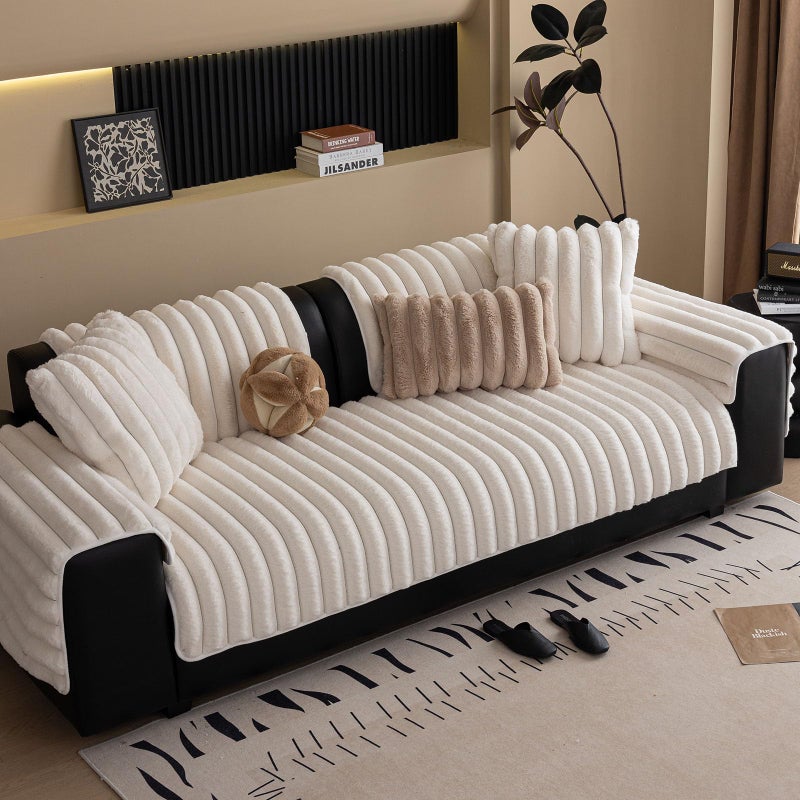 XSlive Faux Rabbit Fur Couch Sofa Cover Washable, Shaggy Fuzzy Sectional Couch Cover, Stripe Non-Slip Soft Plush Sofa Slipcover Furniture Protector for Dogs, Pets (Ivory,28"x28") - Image 5