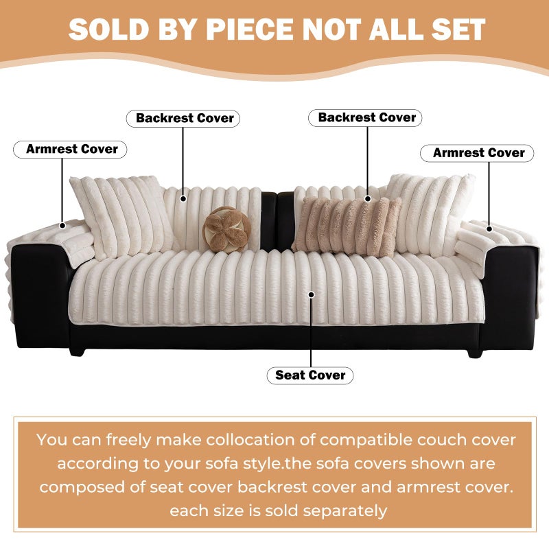 XSlive Faux Rabbit Fur Couch Sofa Cover Washable, Shaggy Fuzzy Sectional Couch Cover, Stripe Non-Slip Soft Plush Sofa Slipcover Furniture Protector for Dogs, Pets (Ivory,28"x28") - Image 2