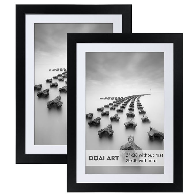 24X36 POSTER FRAME BLACK 2 PACK WITHOUT MAT OR 20X30 PICTURE FRAME WITH MAT POLISHED PLEXIGLASS FOR WALL VERTICALLY OR HORIZONTALLY DISPLAY WALL MOUNTING HARDWARE INCLUDED