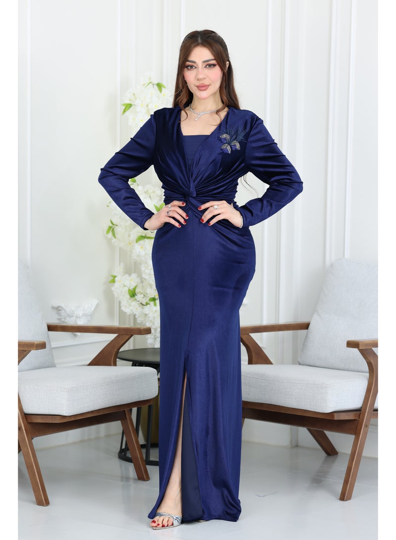 المصمم الحديث فستان سهرة مخمل شتوي مصنوع من قماش المخمل الفاخر اللي يمنحك دفء وأناقة ملكية بنفس الوقت - Image 1