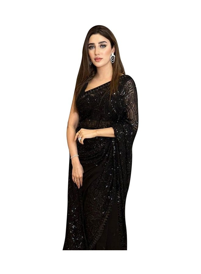 TRENDMALLS ساري جيرجيت مزين بتطريز تسلسل من تريندمولز للنساء مع قطعة بلوزة (1009-أسود-) - Image 1