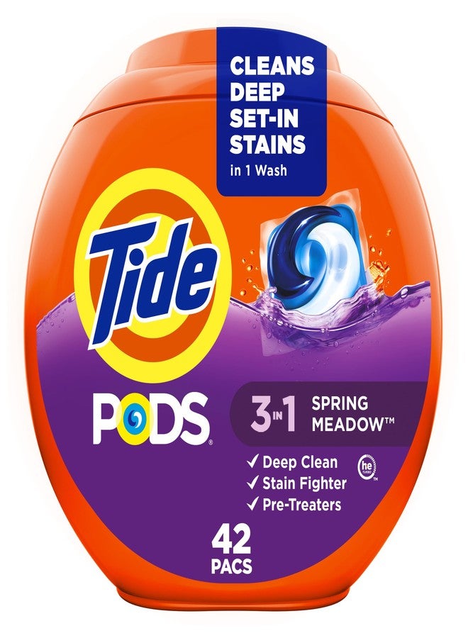 Tide PODS Laundry Detergent Pacs, 3-in-1 Stain Remover, Odor Fighter, Color Protector, 42 Count, HE compatible, Spring Meadow Scent (Packaging May Vary) - Image 1