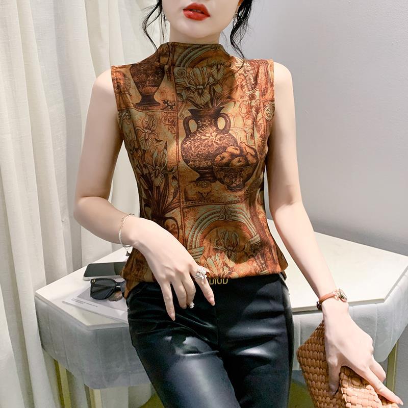 2023 Double-Sided Island Velvet Half Turtleneck Sleeveless Printed Undershirt Fleece-Lined Top Small Shirt For Women - Image 3