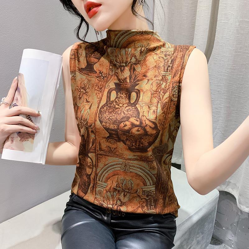 2023 Double-Sided Island Velvet Half Turtleneck Sleeveless Printed Undershirt Fleece-Lined Top Small Shirt For Women - Image 4