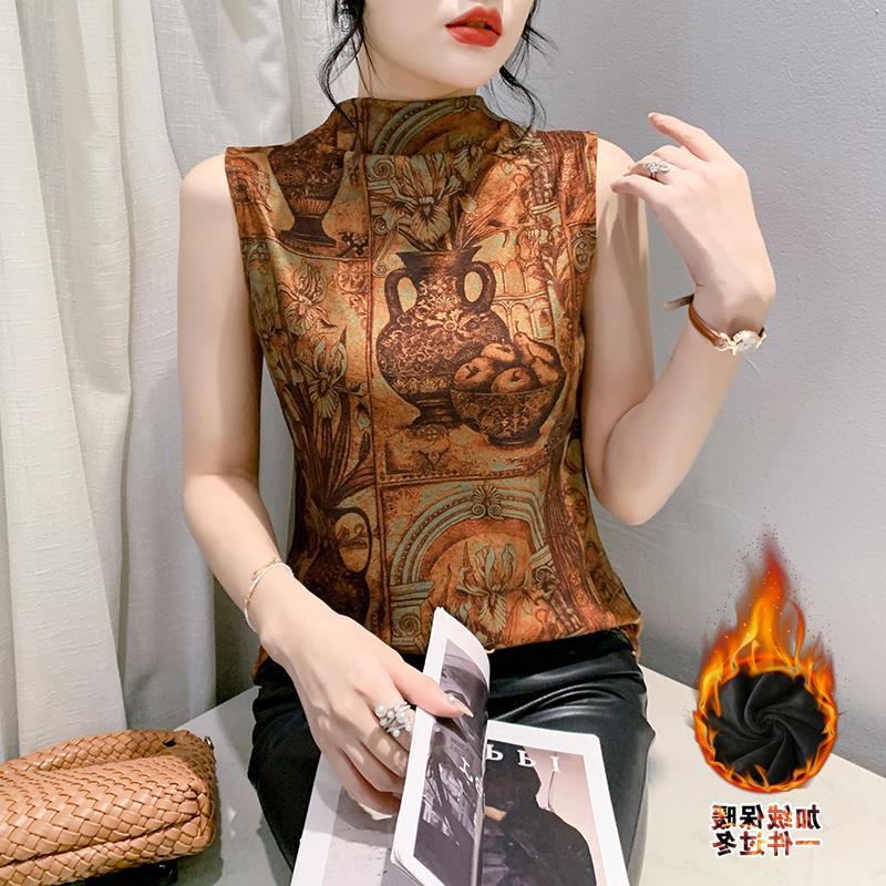 2023 Double-Sided Island Velvet Half Turtleneck Sleeveless Printed Undershirt Fleece-Lined Top Small Shirt For Women - Image 2