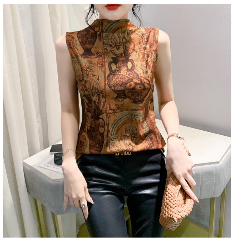 2023 Double-Sided Island Velvet Half Turtleneck Sleeveless Printed Undershirt Fleece-Lined Top Small Shirt For Women - Image 1