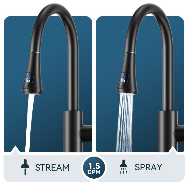 FORIOUS Black LED Kitchen Faucet with Pull Down Sprayer, High Arc Single Handle Modern Stainless Steel Sink Faucet with Temperature Digital Display, Suitable for Farmhouse Camper Rv Bar - Image 3