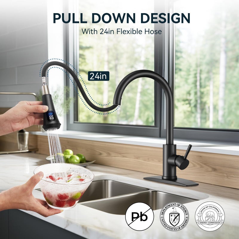 FORIOUS Black LED Kitchen Faucet with Pull Down Sprayer, High Arc Single Handle Modern Stainless Steel Sink Faucet with Temperature Digital Display, Suitable for Farmhouse Camper Rv Bar - Image 4