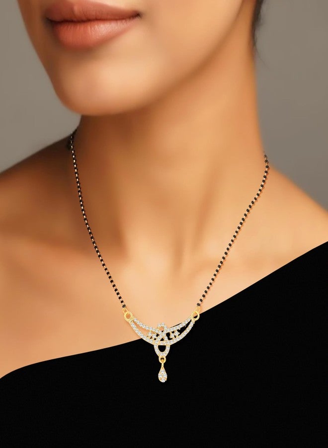 MEENAZ American Diamond Mangalsutra for Women | Stylish 1gm Gold Plated Short Mangal Sutra | CZ AD Pendant Necklace Design | One Gram Gold Polish 18-Inch Black Chain Jewellery for Women | Nallapusalu - Image 2