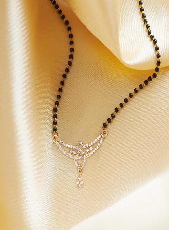 MEENAZ American Diamond Mangalsutra for Women | Stylish 1gm Gold Plated Short Mangal Sutra | CZ AD Pendant Necklace Design | One Gram Gold Polish 18-Inch Black Chain Jewellery for Women | Nallapusalu - Image 4