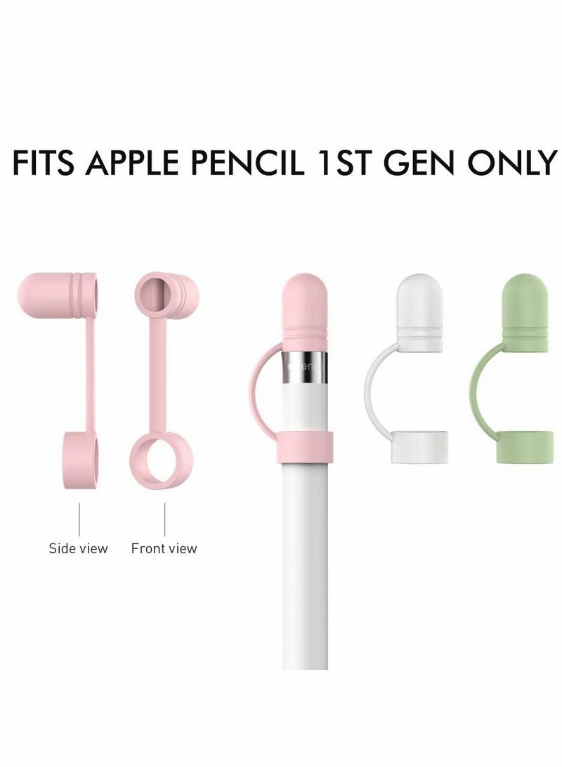 SYOSI Cap Cover Replacement For Apple Pencil 1st Generation Cap Holder Anti Lost Strap Silicone Protective Cap Cover Silicone Protective Accessories For Apple Pencil 3 Pack White Pink Green - Image 2