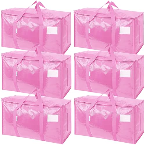 TICONN 6 Pack Extra Large Moving Bags Heavy Duty with Zippers Carrying Handles Durable Storage Bags Moving Boxes for Closet Organizers and Storage 6 Pack Pink - Image 1
