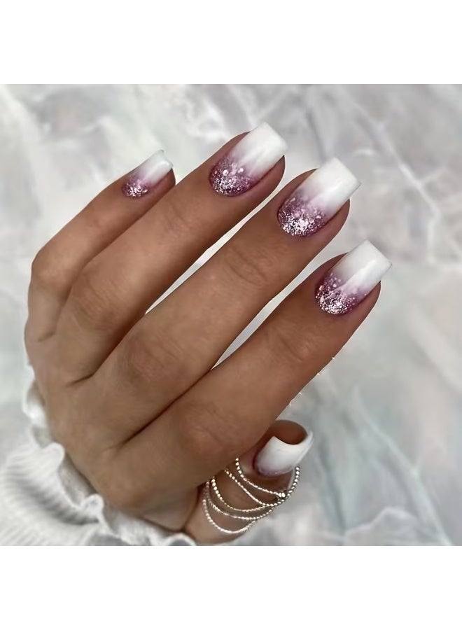 Goolsky أظافر صناعية قصيرة مربعة - تدرج أومبري من الأبيض إلى الأرجواني مع لمسات لامعة - Image 1