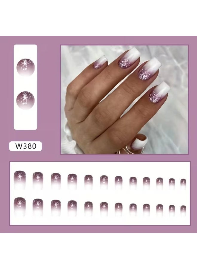 Goolsky أظافر صناعية قصيرة مربعة - تدرج أومبري من الأبيض إلى الأرجواني مع لمسات لامعة - Image 2