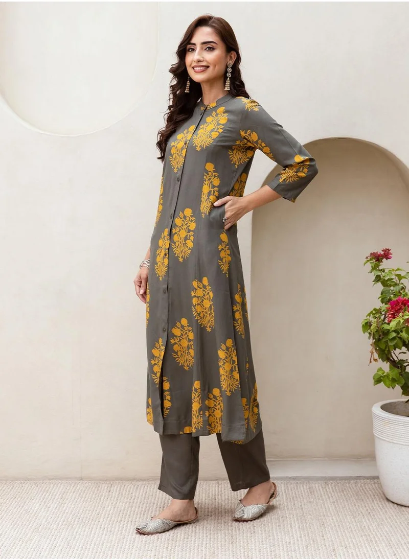 آي شين Women Grey Rayon 2 Pcs Kurta Set